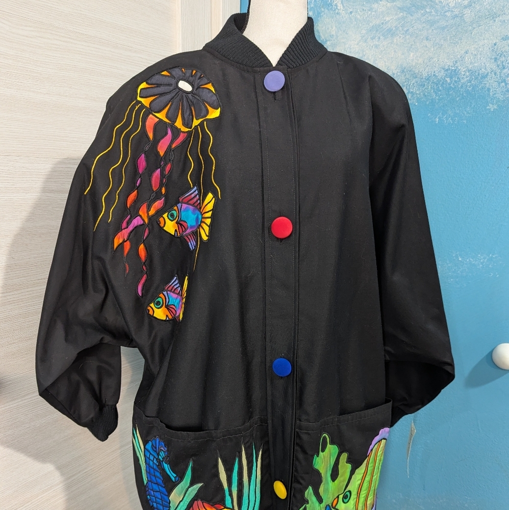 Silkscapes Colorful Fish Embroidered Black Jacket